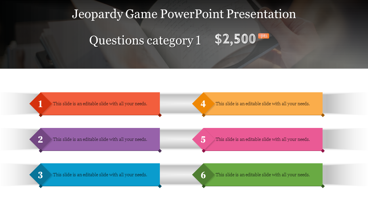 Jeopardy game template with six questions in category with colourful boxes each with a point value.