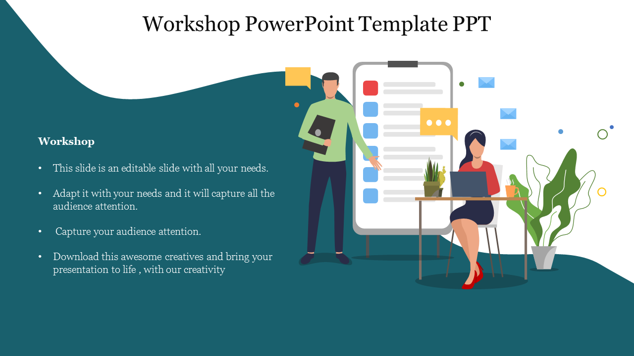 Workshop slide with an illustration of a man presenting on a board and a woman working on a laptop, with text captions.