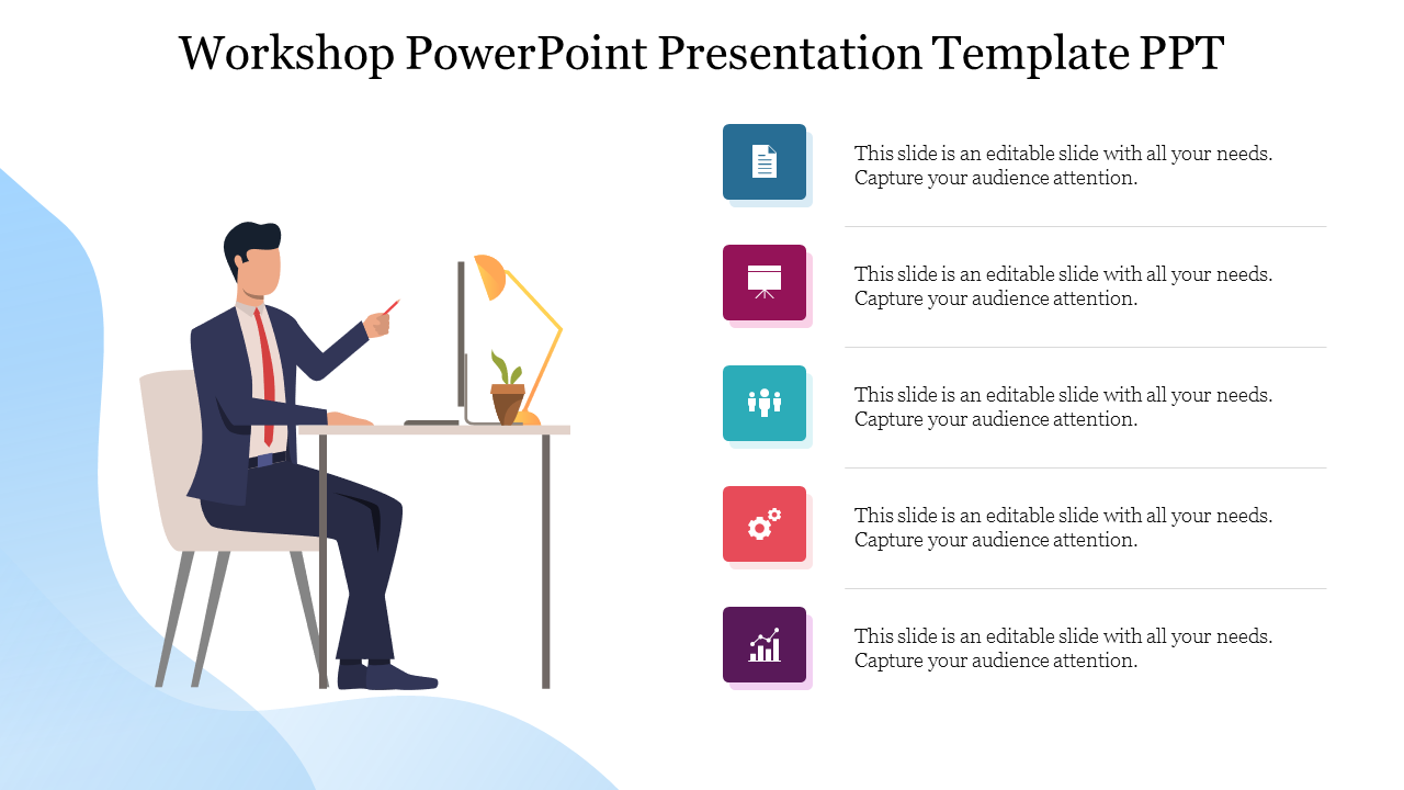 PowerPoint slide with a person in a workshop setting, featuring color coded icons with placeholder text.