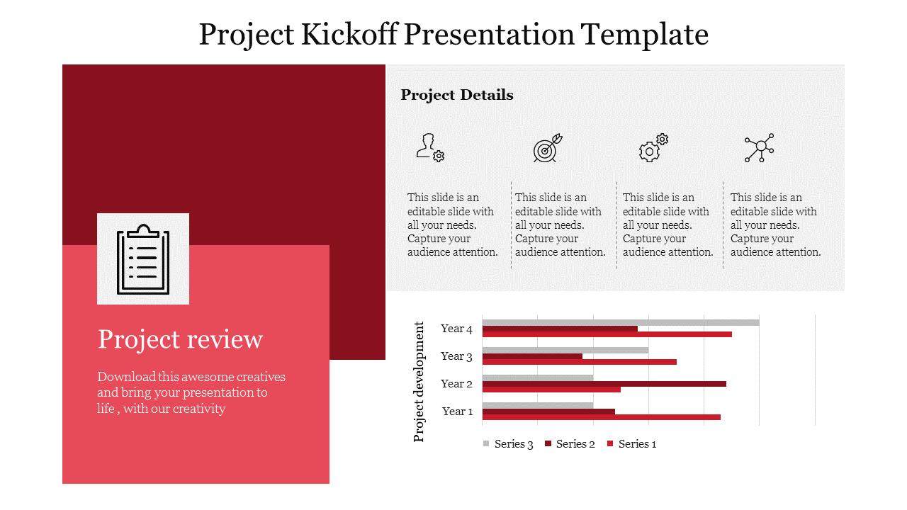 Project kickoff slide with a red review section, four icons, and a bar chart showing yearly project progress.