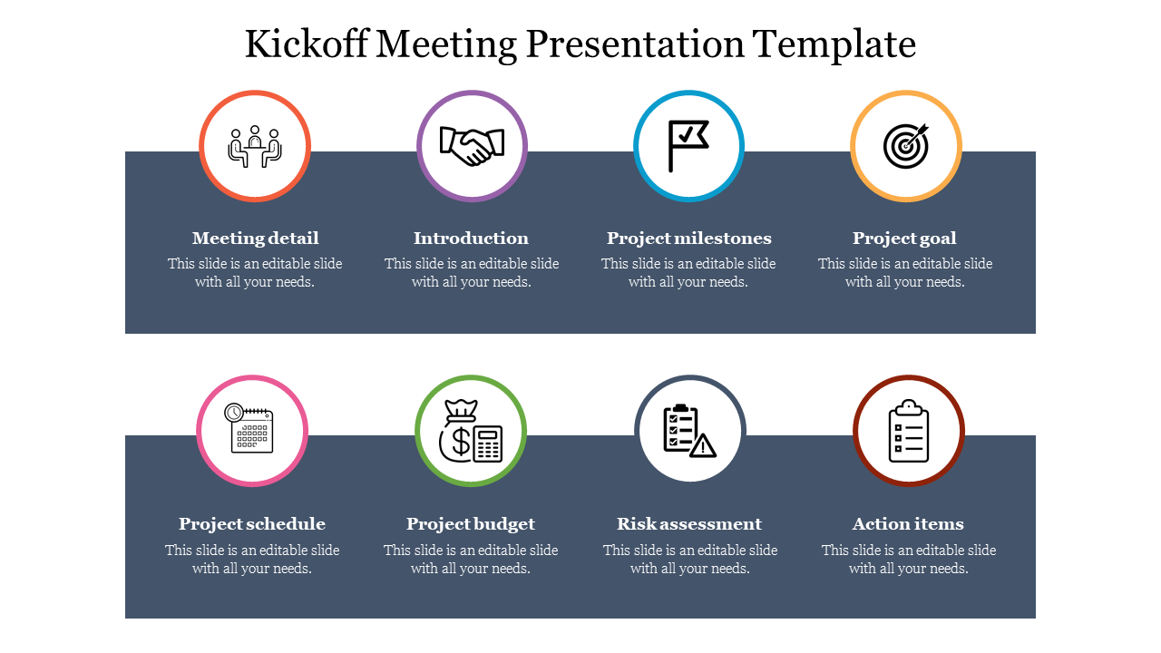 Kickoff meeting template with icons and text blocks outlining key topics  set against a professional dark blue background.