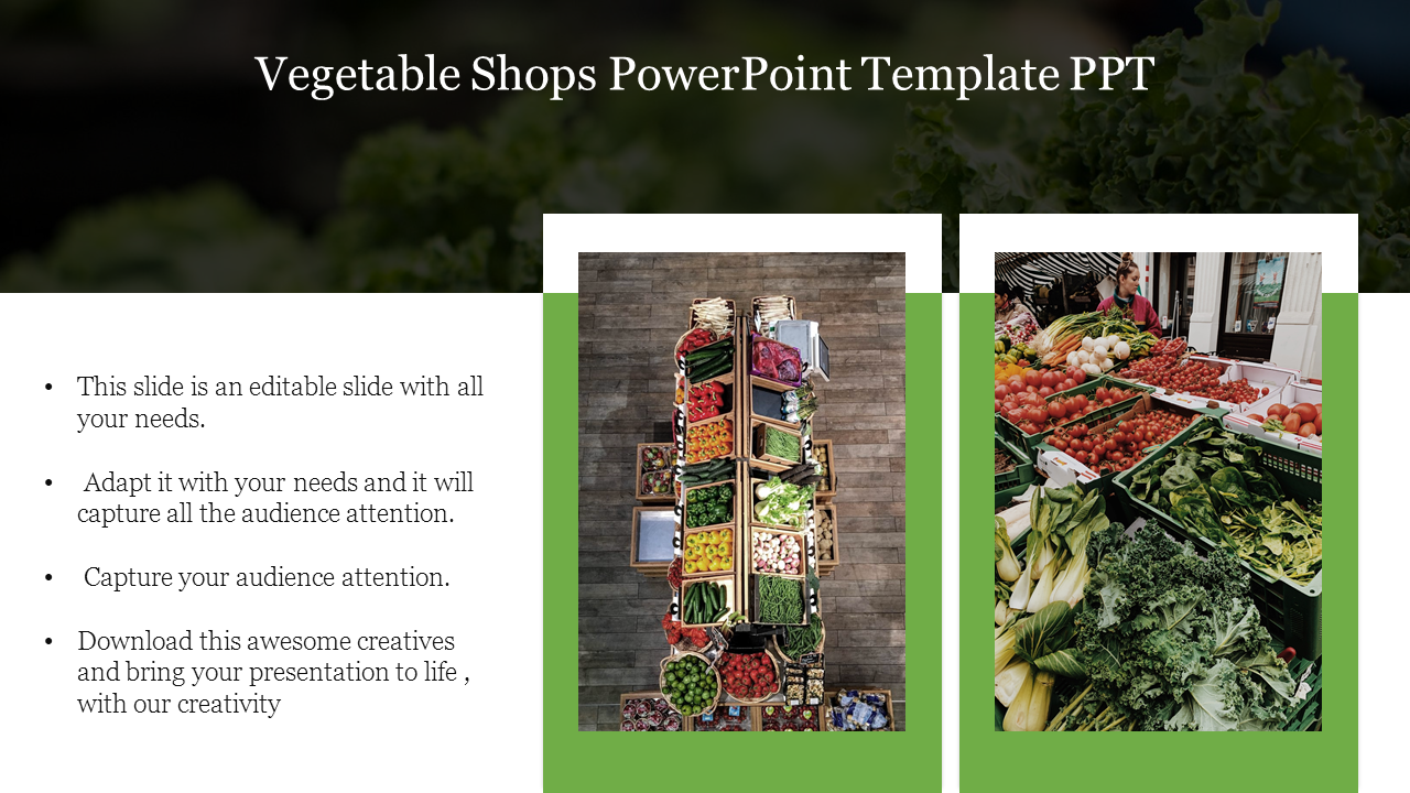 PowerPoint template showcasing vegetable markets with colorful produce in two separate images and placeholder text.