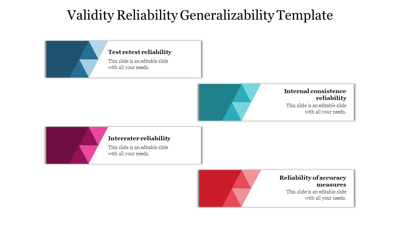 Four horizontal rectangles with blue, teal, maroon, and red gradient triangles on the left side, each with text.