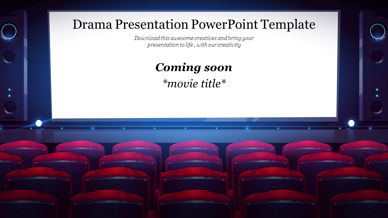 Empty theater seats facing a large screen with text placeholders for movie title and details for a drama.