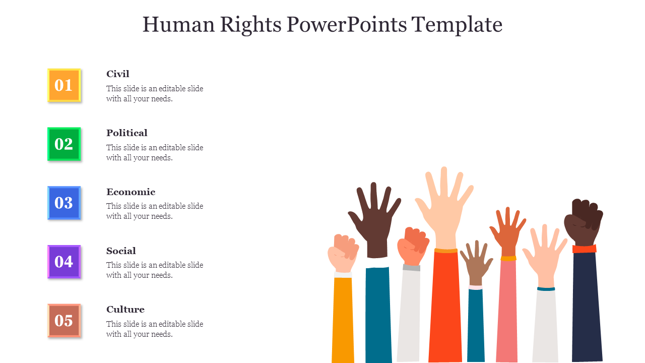 List of human rights topics with colorful numbered blocks, and raised hands of diverse skin tones on the right.