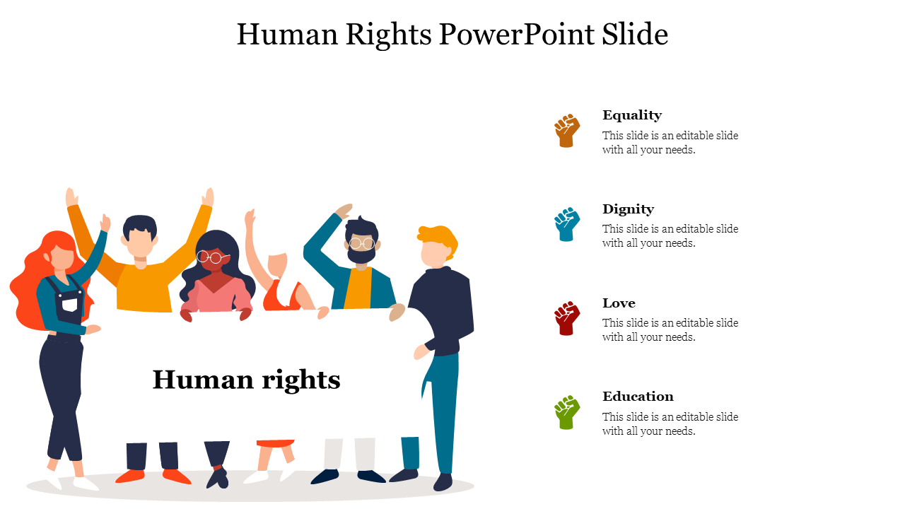 Illustration of a group of individuals holding a human rights sign, with four colored fists and text on the right.