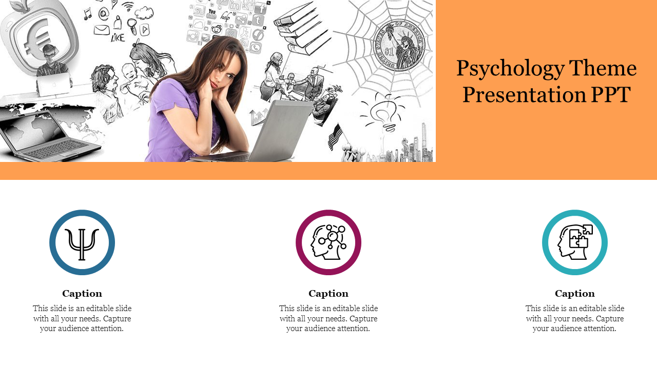 Psychology slide showing a woman under stress with sketched illustrations of various life stressors and icons below.