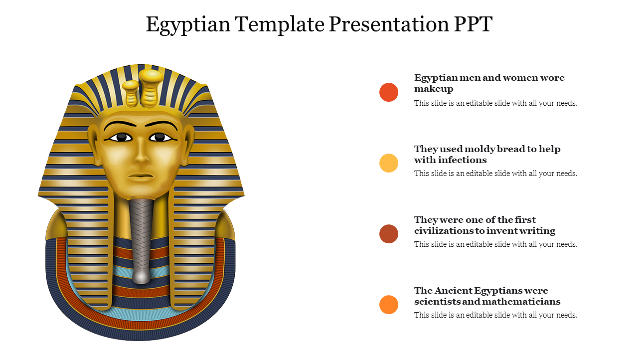 Egyptian pharaoh's mask graphic with four colorful bullet points highlighting facts about it.