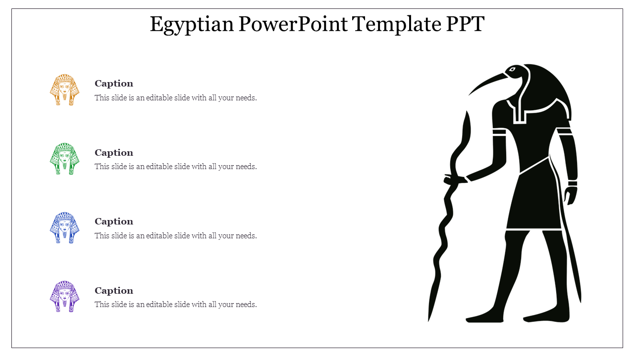 Black Anubis figure on the right with four colored pharaoh icons and captions vertically aligned on the left.