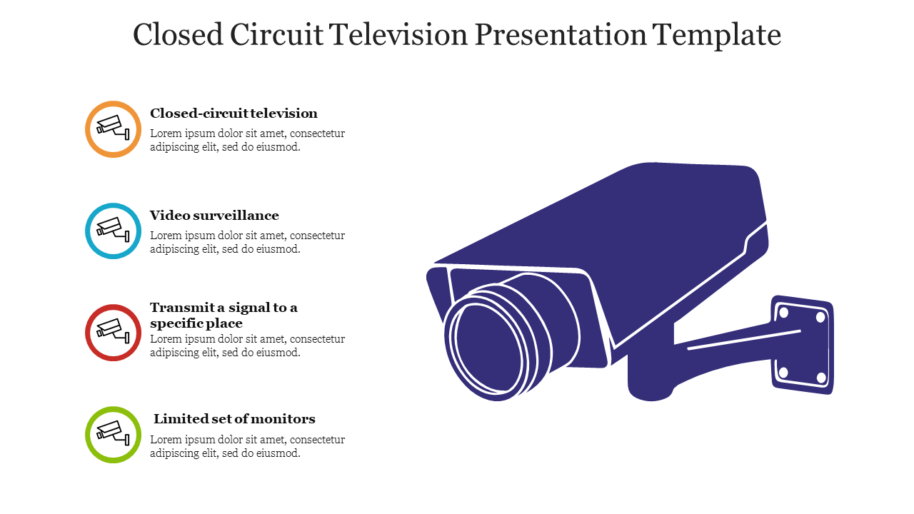 Illustration of a security camera in purple, with four colored text sections listing features on the left.