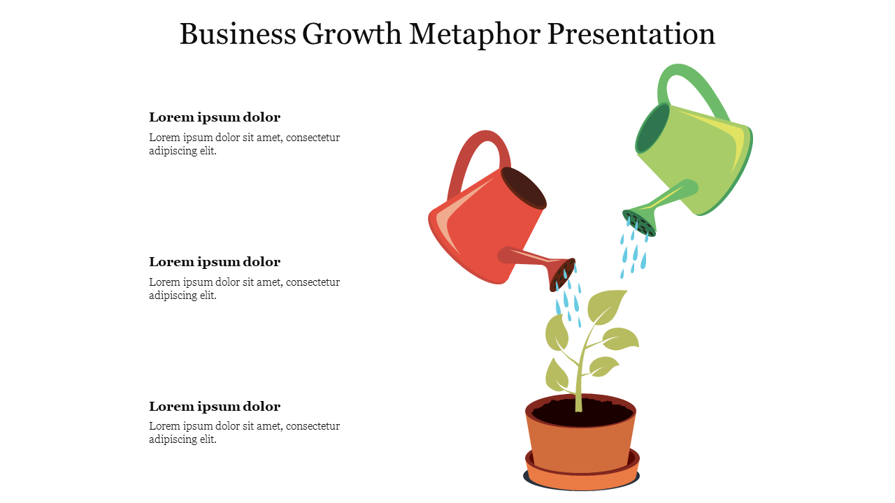 Business growth concept with watering cans nourishing a plant in a pot, aligned with text sections.