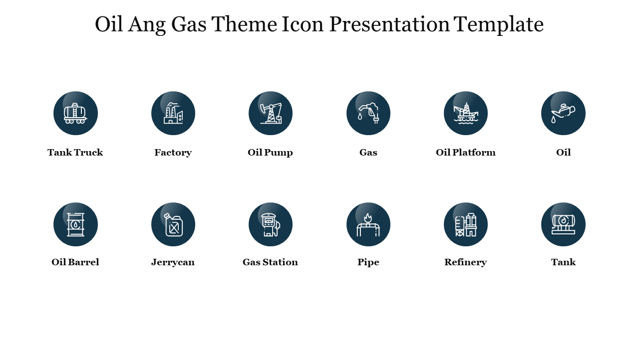 Twelve oil and gas icons, such as an oil pump, barrel, and pipeline, arranged in rows placed in a white background.