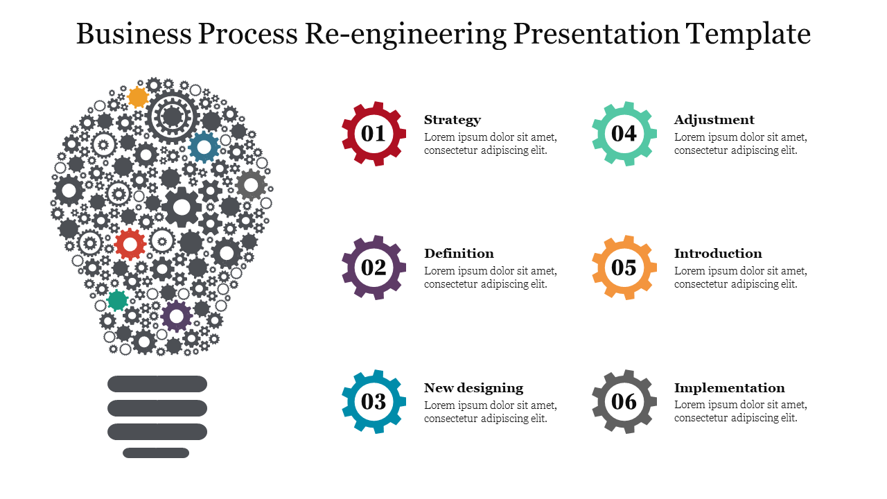 Business process re engineering PPT slide featuring a colorful gear filled lightbulb graphic and six steps for the process.