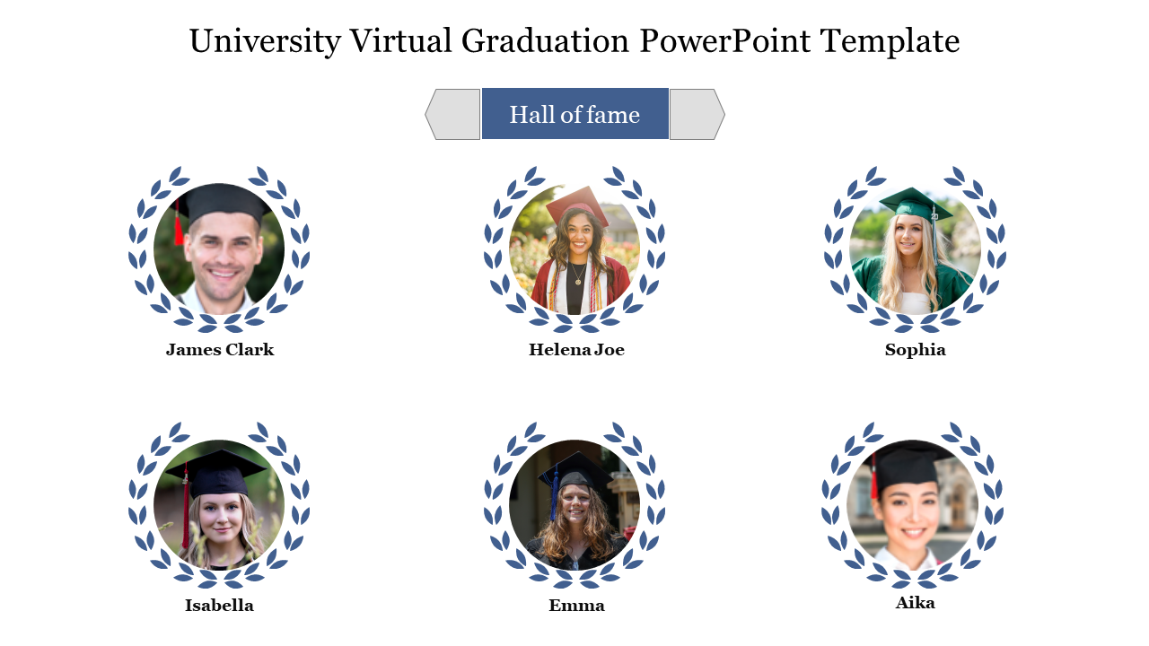 University virtual graduation slide featuring a hall of fame section with student photos and names.