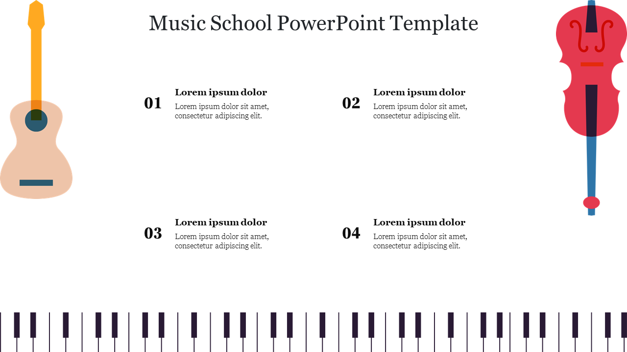 Music-themed slide with a guitar, a violin, and a piano keyboard graphic at the bottom, with four numbered text section.