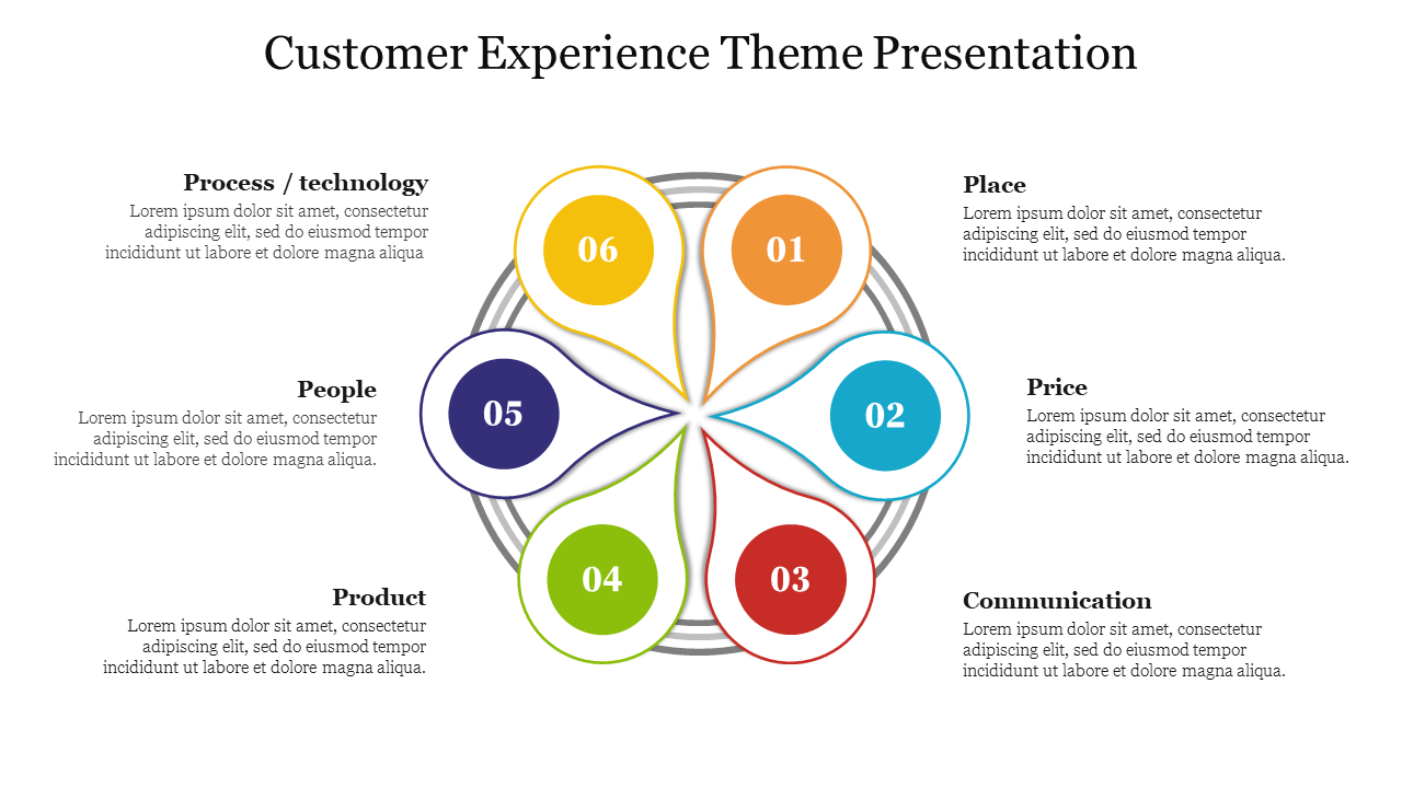 Customer experience diagram with six colored petals and surrounding placeholder text areas on either side.