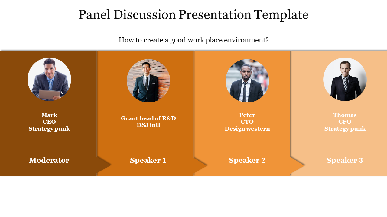Panel discussion slide with a layout that showcases the moderator and speakers, with their photos, names, and job titles.