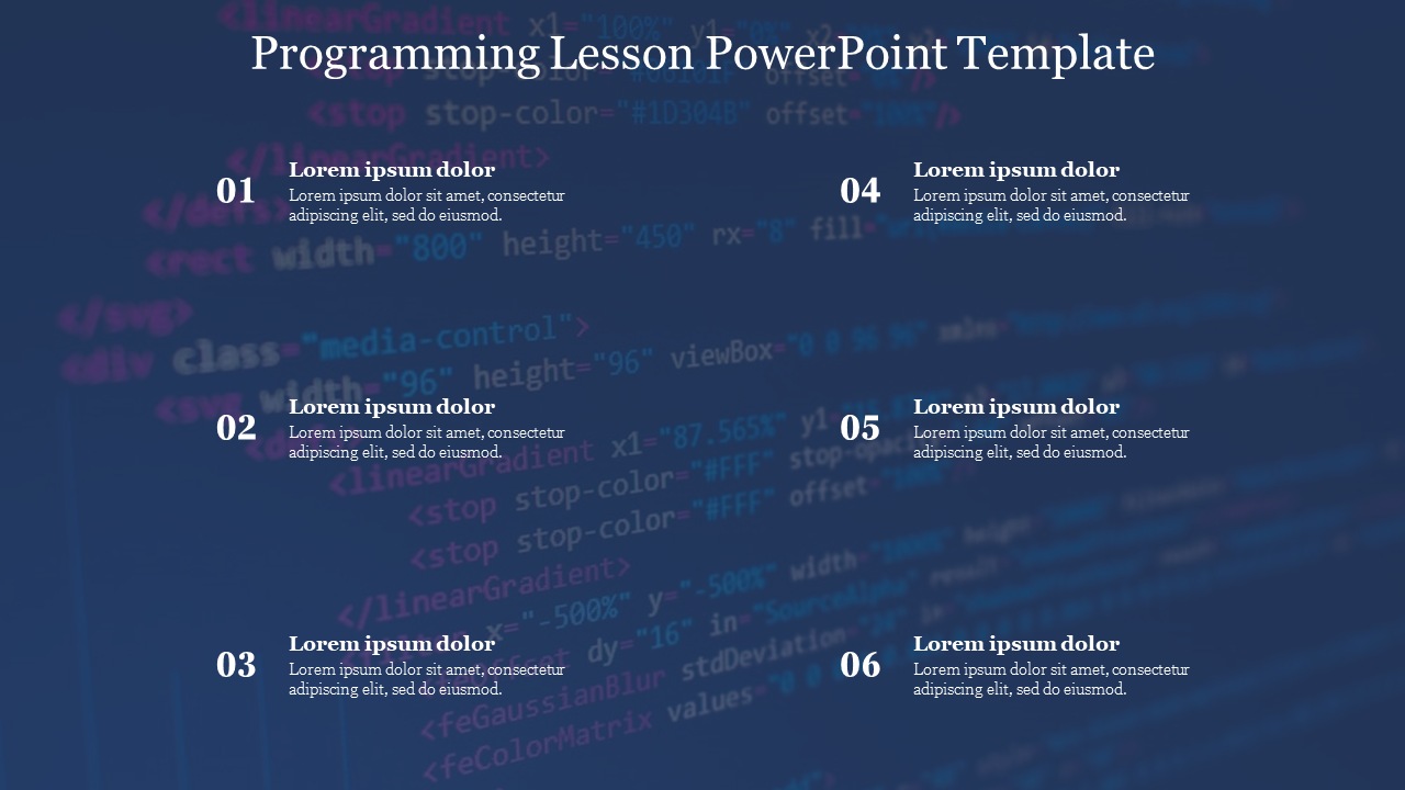 Programming lesson layout featuring numbered placeholders against a code snippet background.