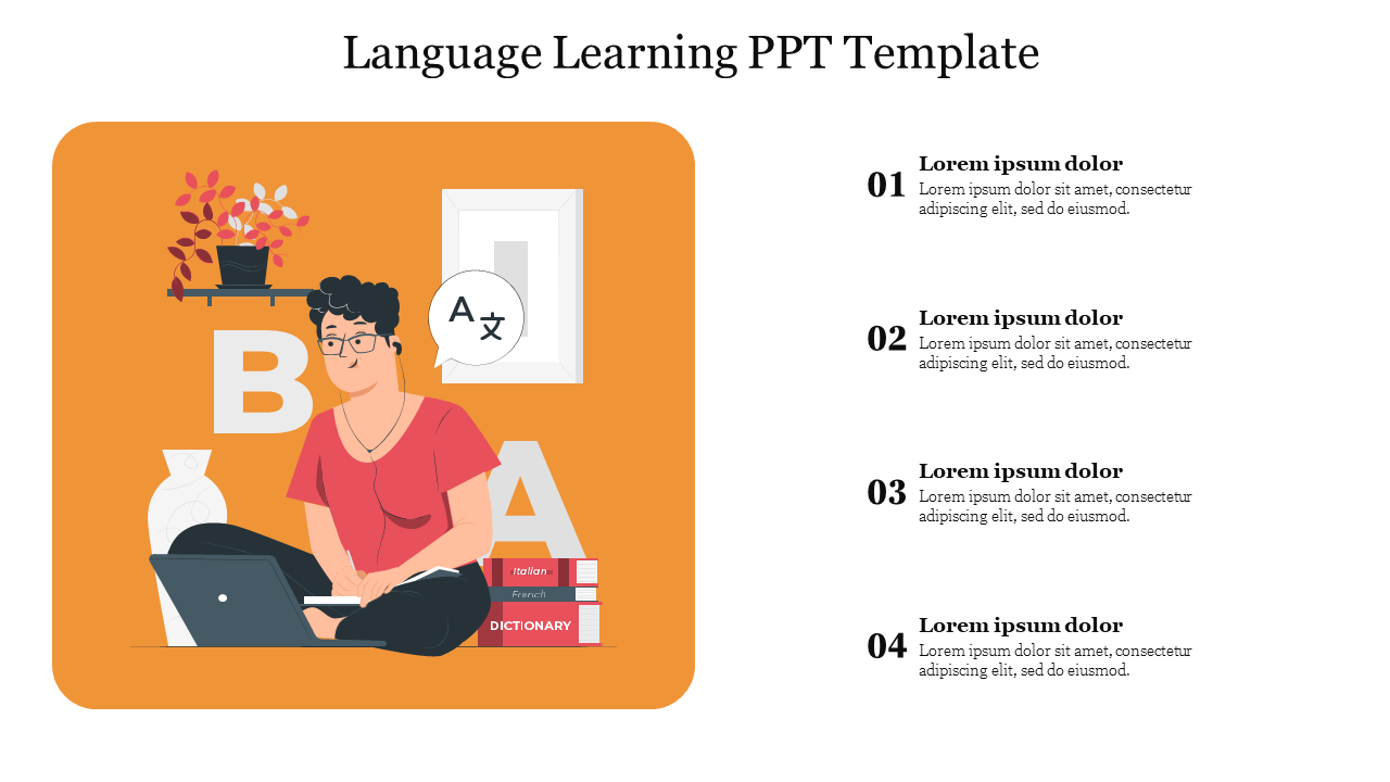 Illustration of a person studying on a laptop with various icons in an orange square, and numbered text list on the right