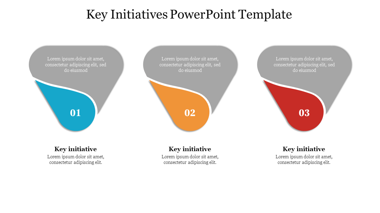 Three step key initiatives slide with grey header sections and colored lower sections in blue, orange, and red.