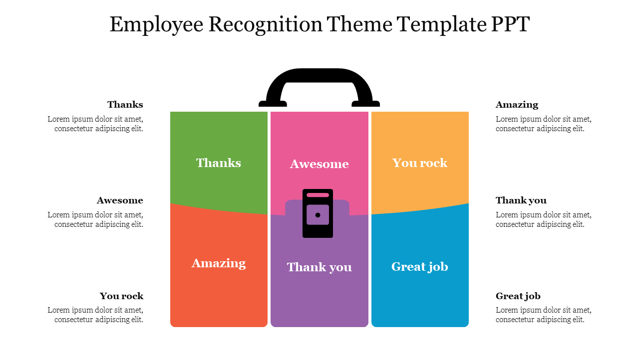 Employee recognition slide with a toolbox design displaying motivational words from thanks to great job with text area.