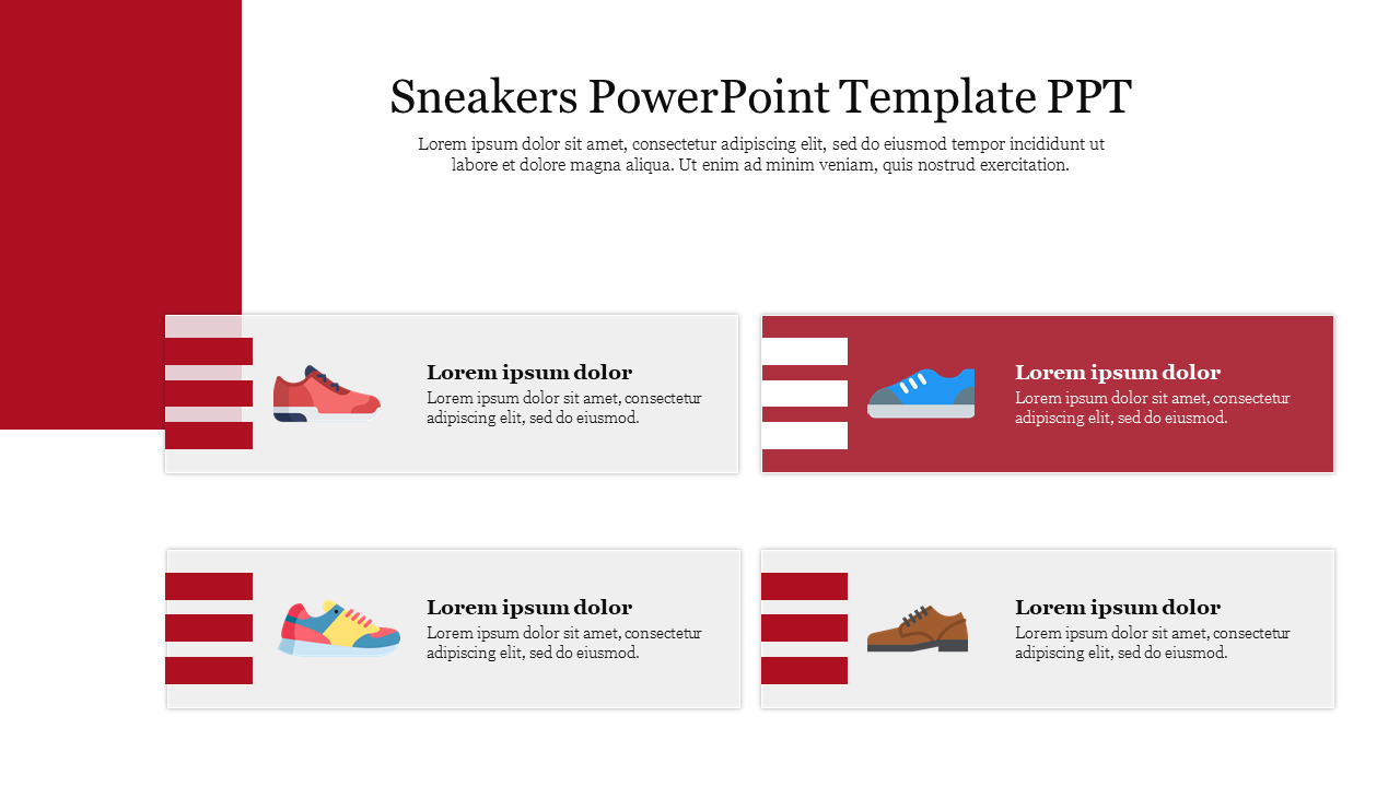 Grid of four sneaker illustrations in different colors, with text blocks next to each shoe icon and a red theme.