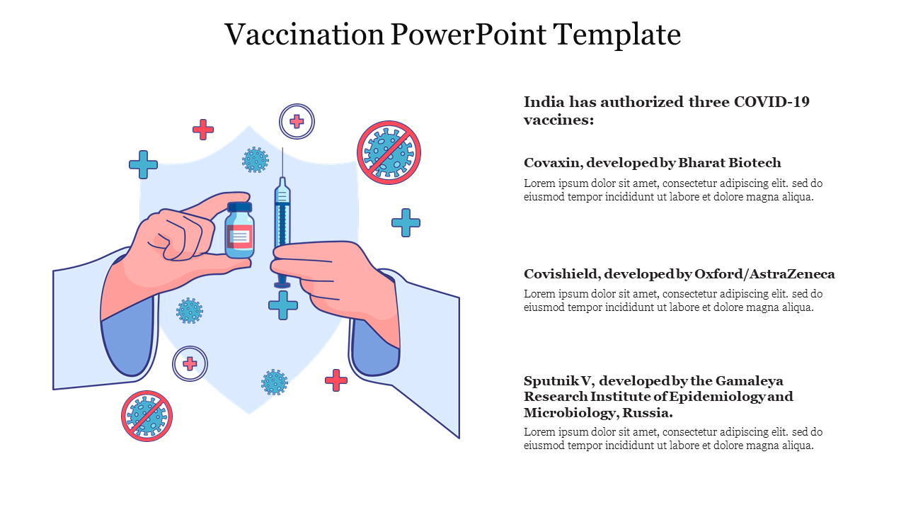 Hands holding a syringe and vial against a shield with virus symbols and medical crosses, with text on the right.