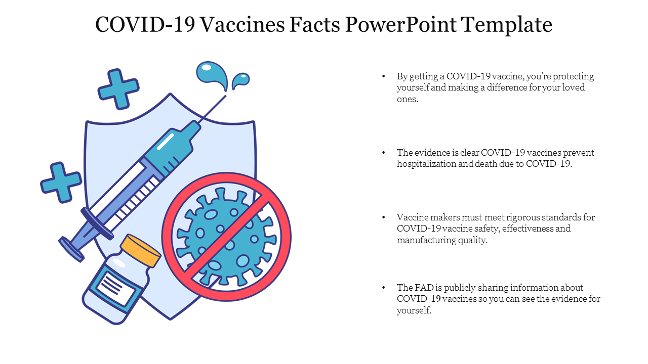 Educational slide on COVID-19 vaccines, featuring a syringe, shield, and virus illustration, alongside four informative bullet points.