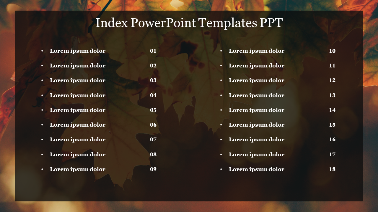 Index slide with a list of items on a background of fall leaves, containing 18 placeholder text entries.