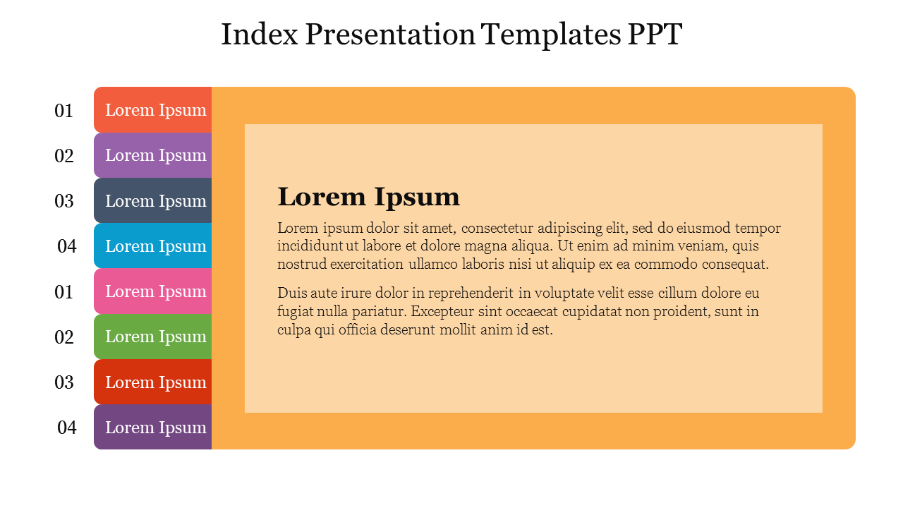 Index slide for PowerPoint presentations, showing colorful section tabs and a main text block with placeholder text.