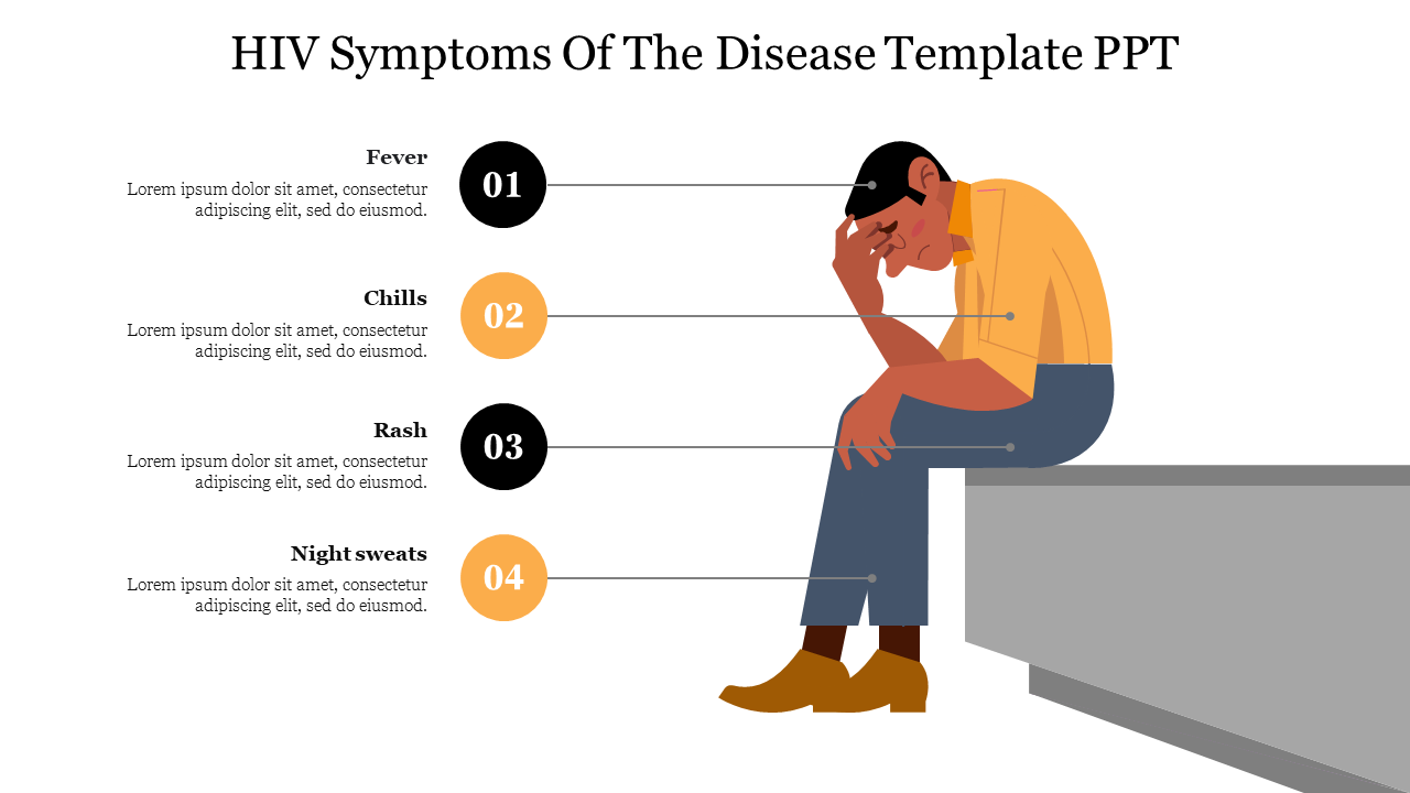 HIV symptoms slide with a sad person illustration and numbered text areas highlighted in black and yellow colors.