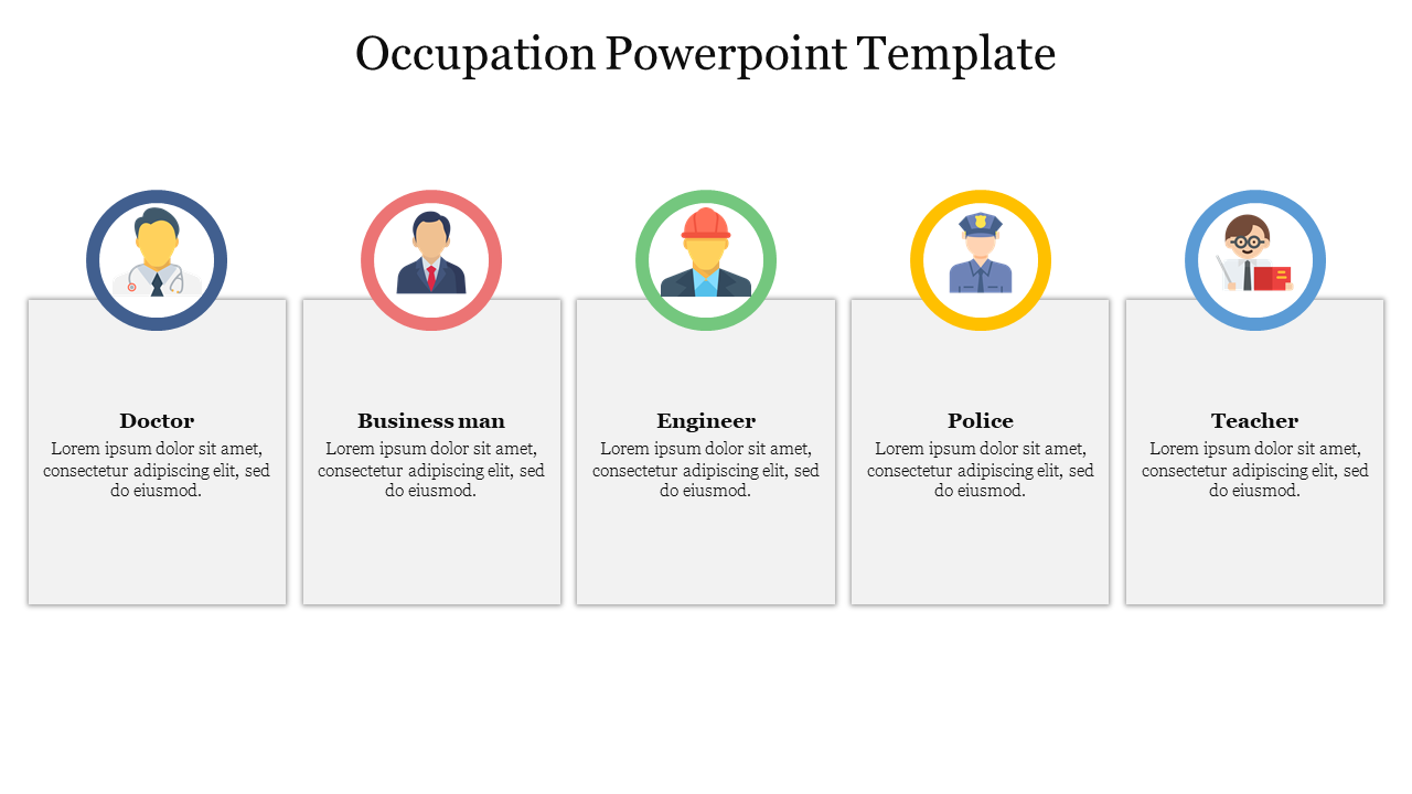Occupation-themed slide with colorful icons depicting various jobs doctor, engineer, police, etc.