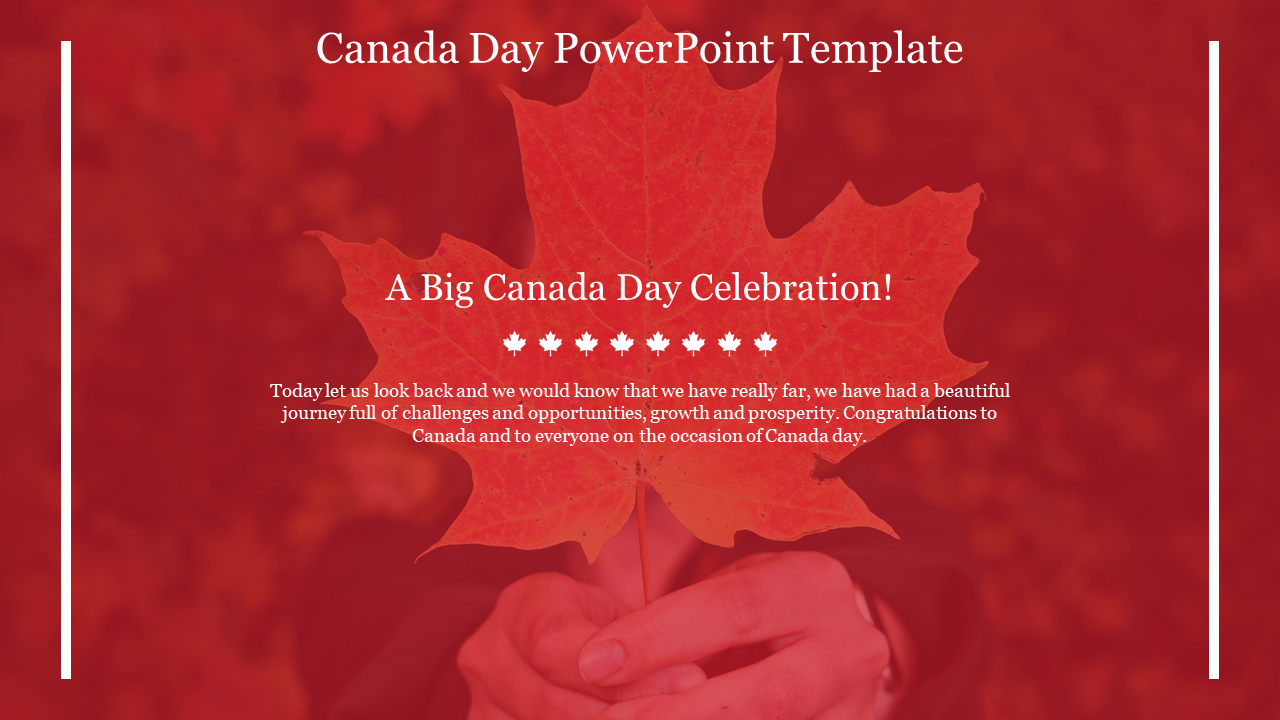 Red themed slide with a maple leaf in hand at the center and white text overlay, flanked by thin lines on the edges.