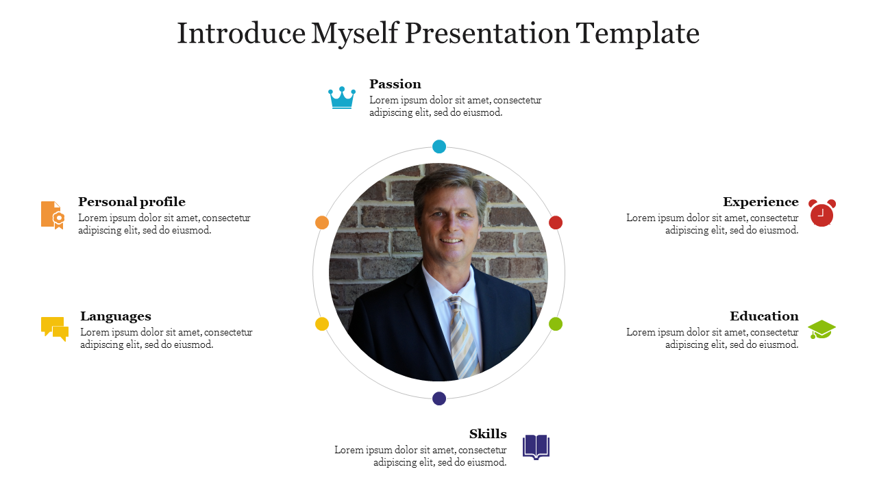 Introduction slide with a photo of a man in a suit in the middle in a circle and five caption area each with colored icons.