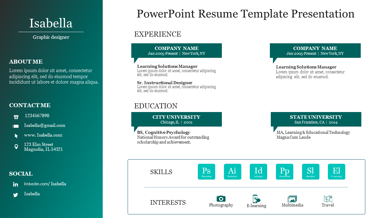 Resume PPT template featuring a graphic designer with work experience and education details on a green and white backdrop.