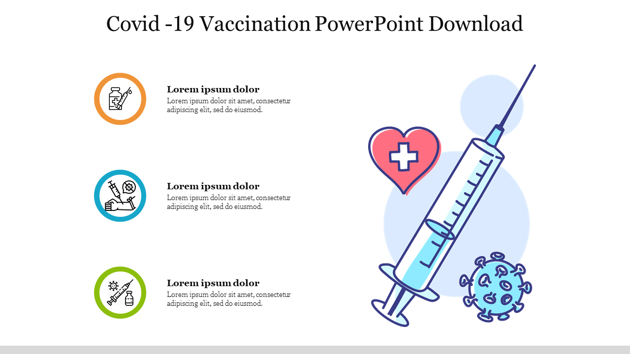 Illustration of  covid 19 vaccination with a large syringe, a red heart with a medical cross, caption areas and a virus icon.