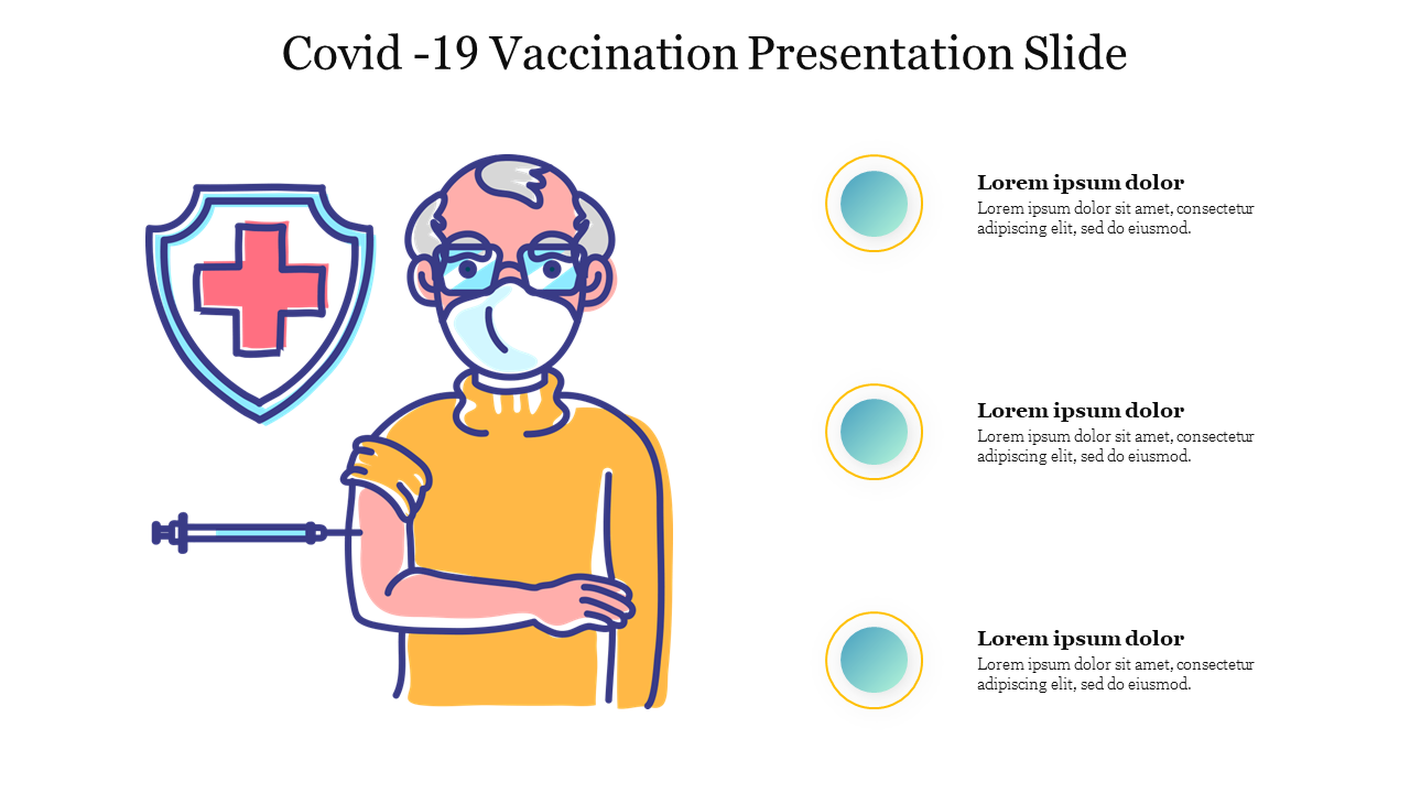 Illustration of an elderly man in yellow getting a vaccine shot, with a shield icon and three text points on the right.