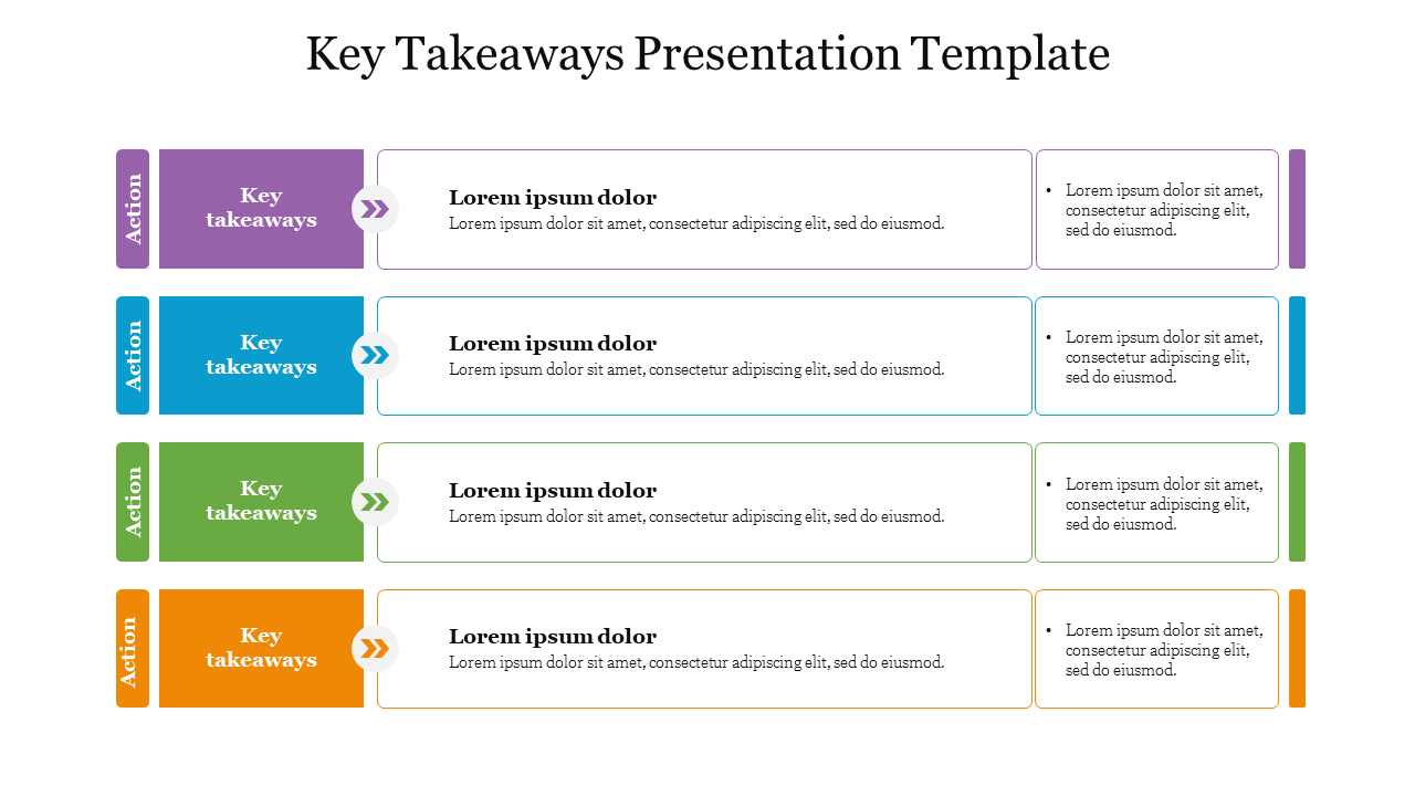 Key takeaways slide with four colorful rows, each highlighting actions and summary points with a text area.