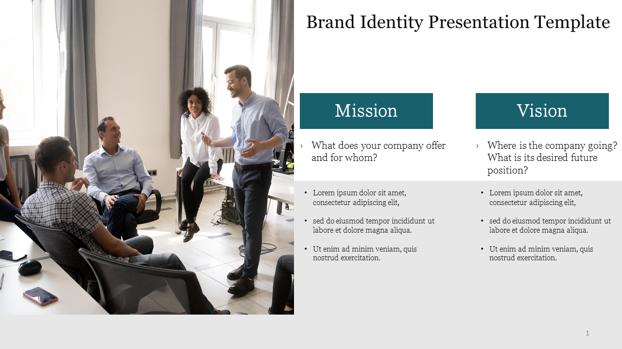 Slide for brand identity with sections for the company's mission and vision, featuring a group of professionals discussing.