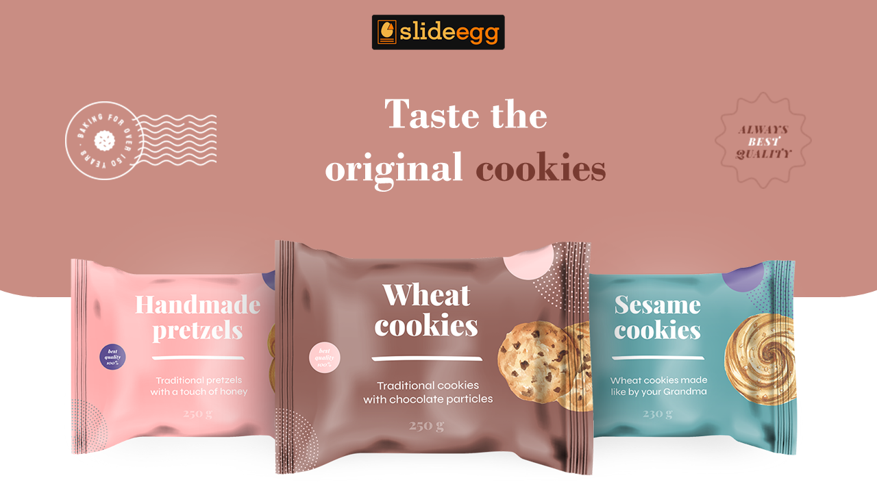 Baking company advertisement PPT slide featuring colorful packages of handmade pretzels, wheat cookies, and sesame cookies.