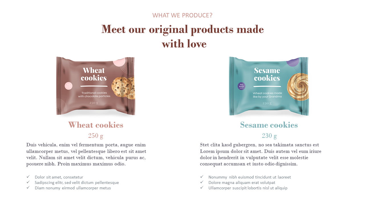 Product display of wheat and sesame cookies in labeled packages with descriptions, weights, and checklists below.