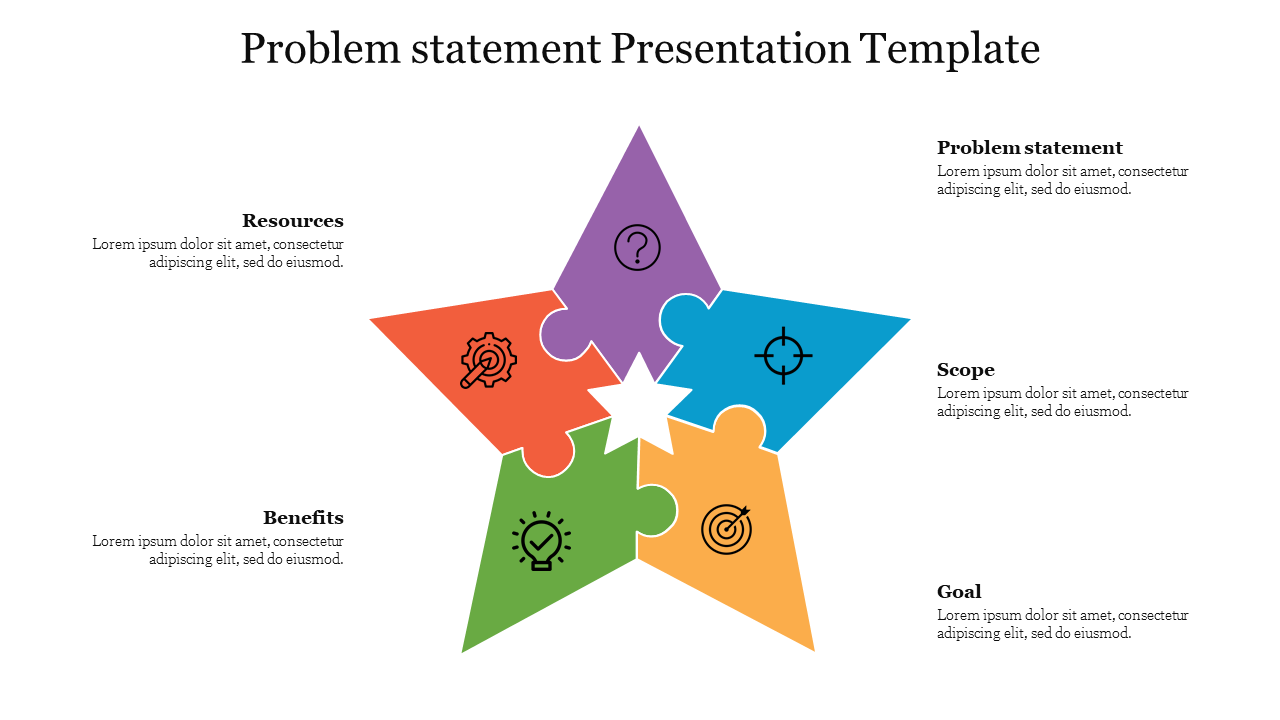 Five-colored puzzle pieces forming a star, with labels and icons representing problem statement, along with placeholder text.