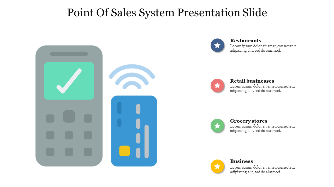 Point of sale slide featuring a terminal and blue payment card, paired with four colorful round icons arranged vertically.