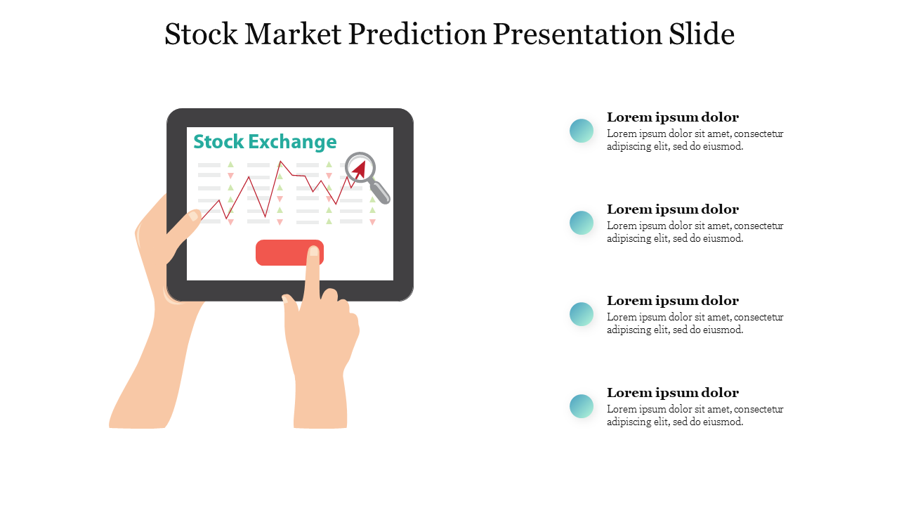 Illustration of a hand holding a tablet displaying a stock market graph, with four text areas on the right.