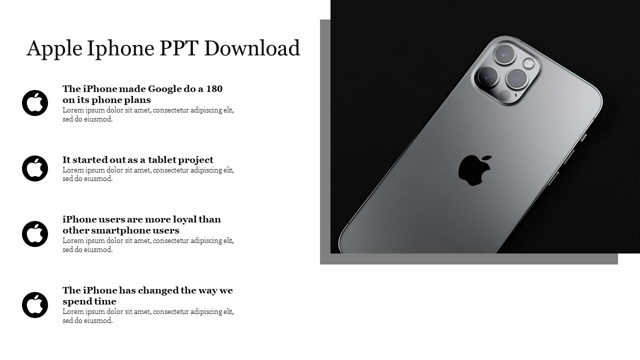 PowerPoint slide showcasing Apple icons with key points about its impact and user loyalty, alongside an image of the iPhone.