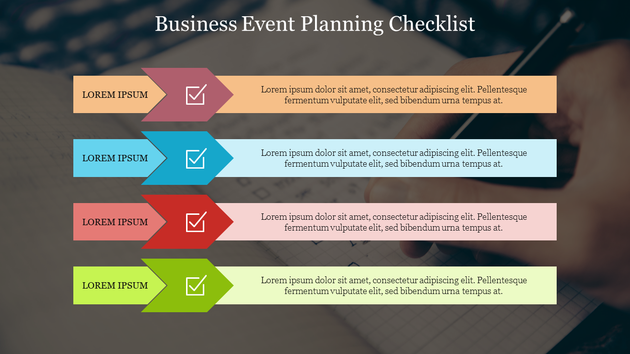 A visually appealing business event planning checklist featuring colorful checkboxes with placeholders for task descriptions.