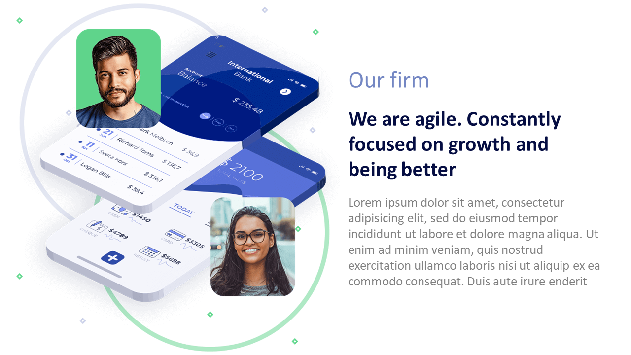 Finance PowerPoint slide featuring an agile firm focused on growth, with a financial app interface and client profiles.
