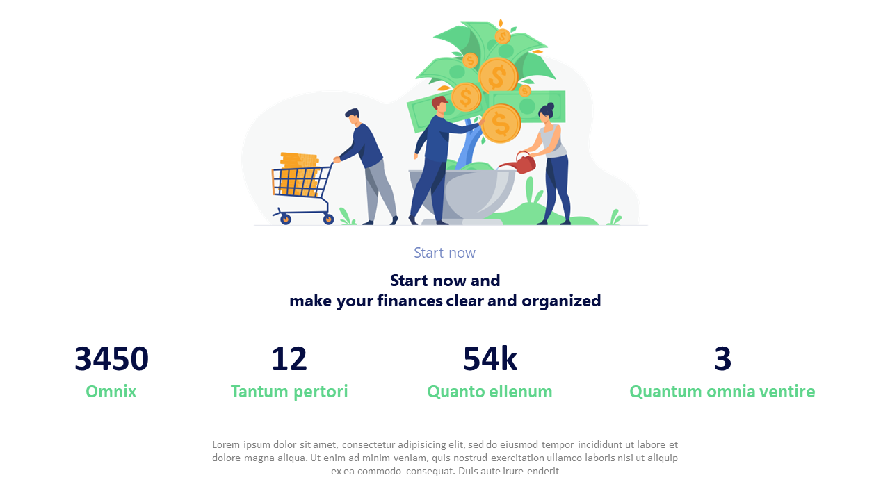 Financial pitch deck with four colorful boxes featuring icons for dollar, euro, cart, and cash.