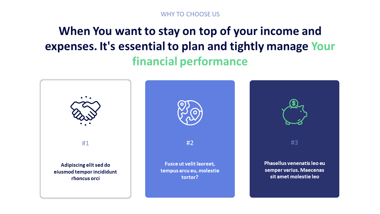 Financial performance template with icons for partnership, global reach, and savings management.