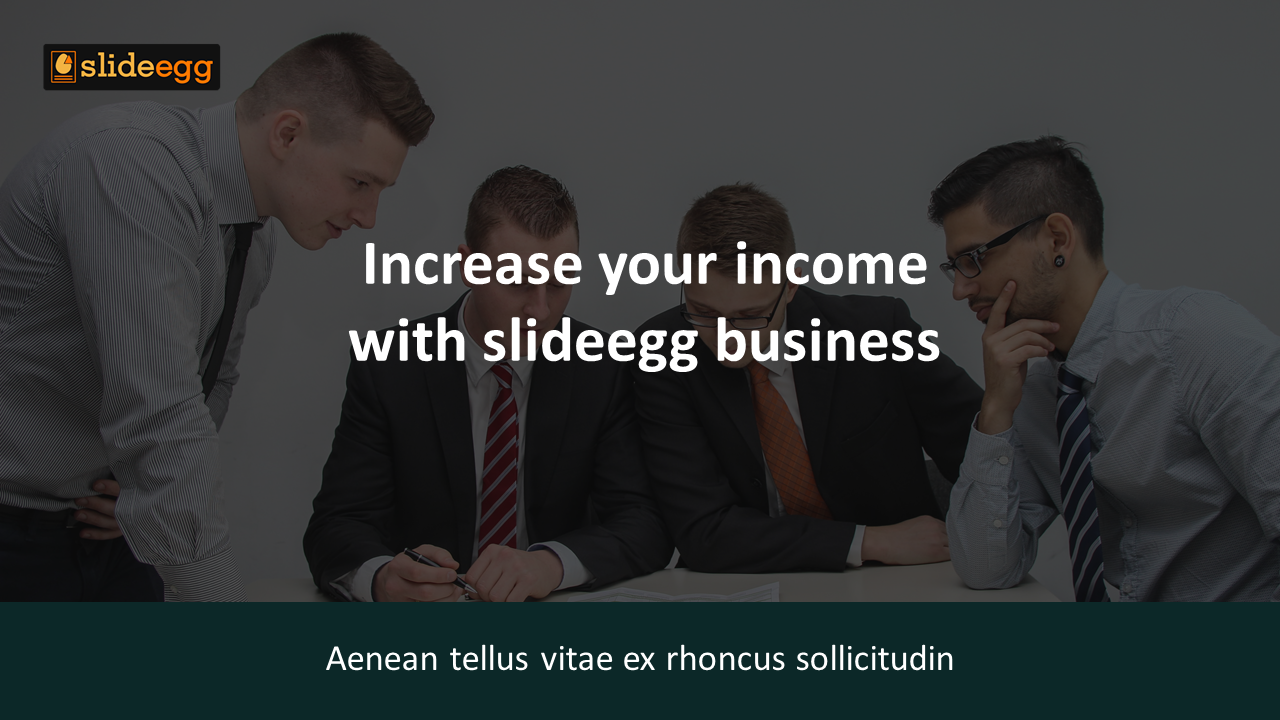 Business presentation slide with professionals collaborating on strategies to increase income, featuring a formal setting.